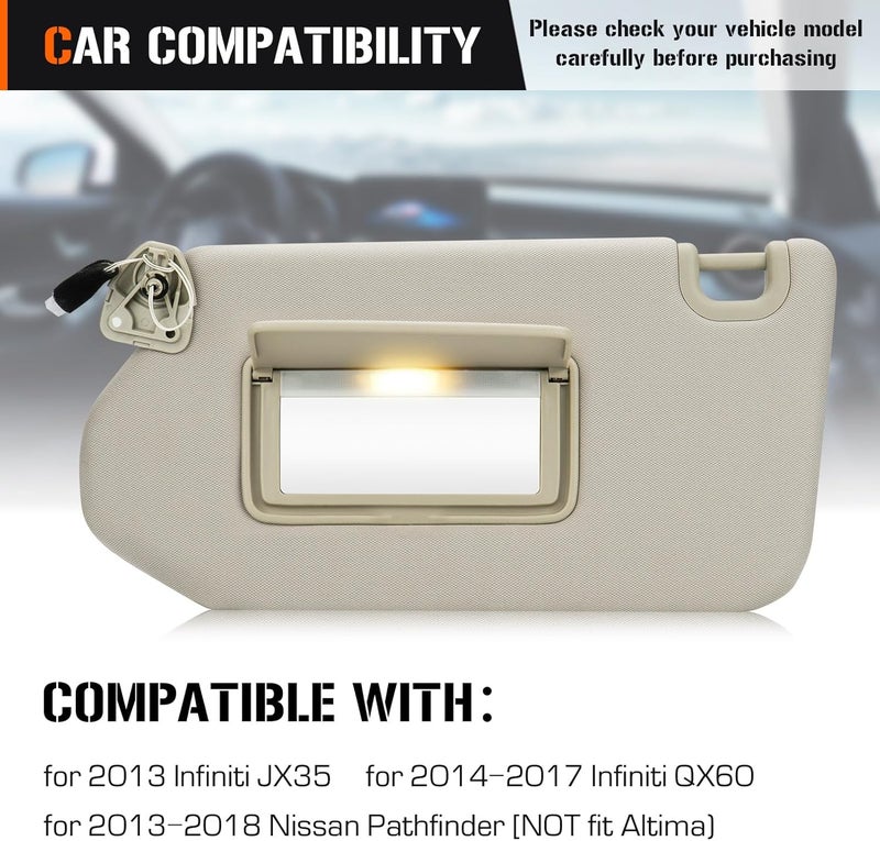 AEagle Sun Visor with Light for 2013-2018 Nissan Pathfinder, 2014-2017 Infiniti QX60, 2013 JX35, Left Driver Side Beige Sunvisor Replacement 96401-9PB0A - Image 2